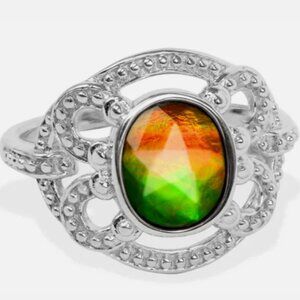 Korite Natural Canadian Ammolite Ring, Oval Faceted Sterling Silver Genuine 6.5